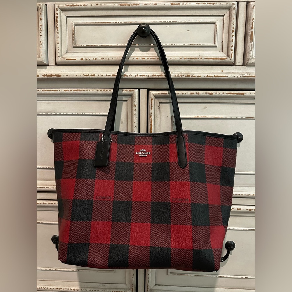Coach Red and Black Plaid Tote Bag